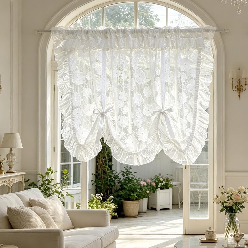 French Country Ruffled Floral Lace Balloon Window Valance | White Tie Up Semi Sheer Roman 