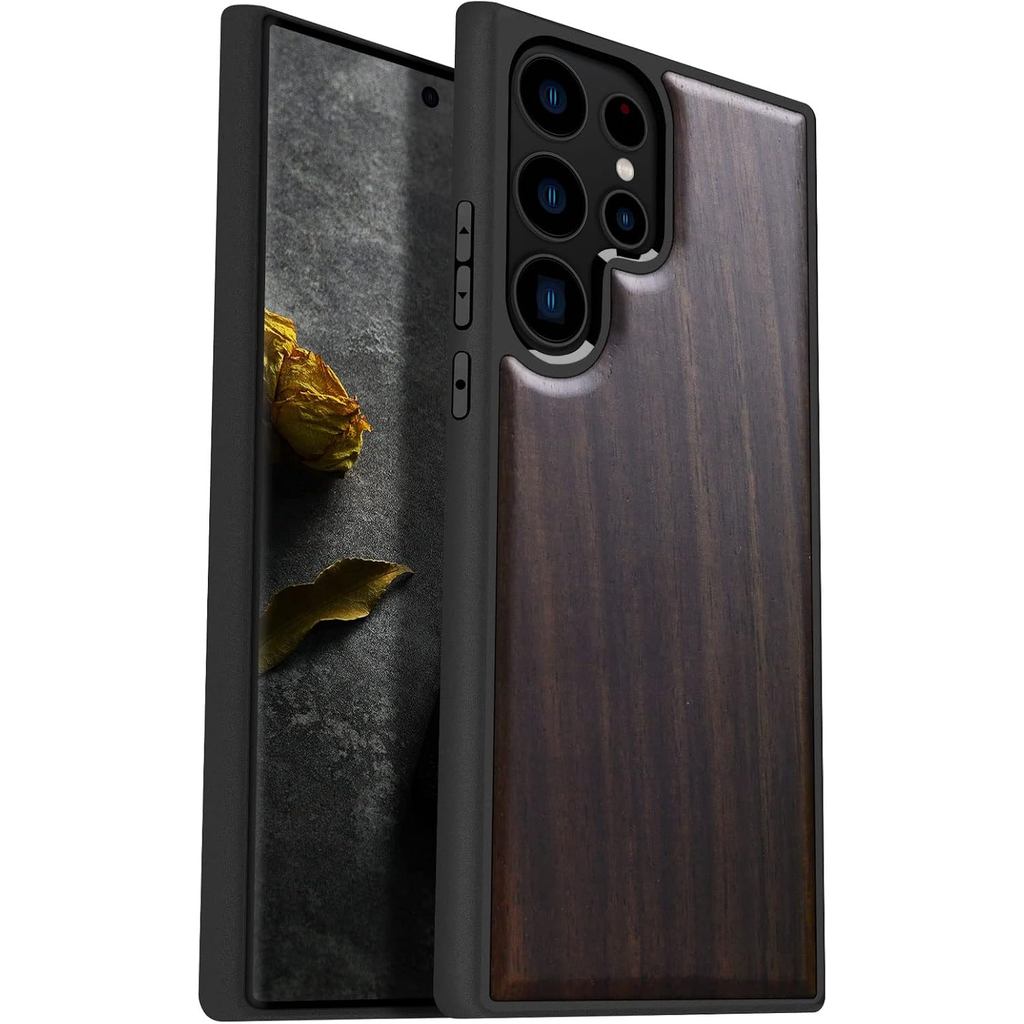 Capa de Madeira Carveit para Galaxy S23 Ultra [Madeira Natural e TPU Macio Preto