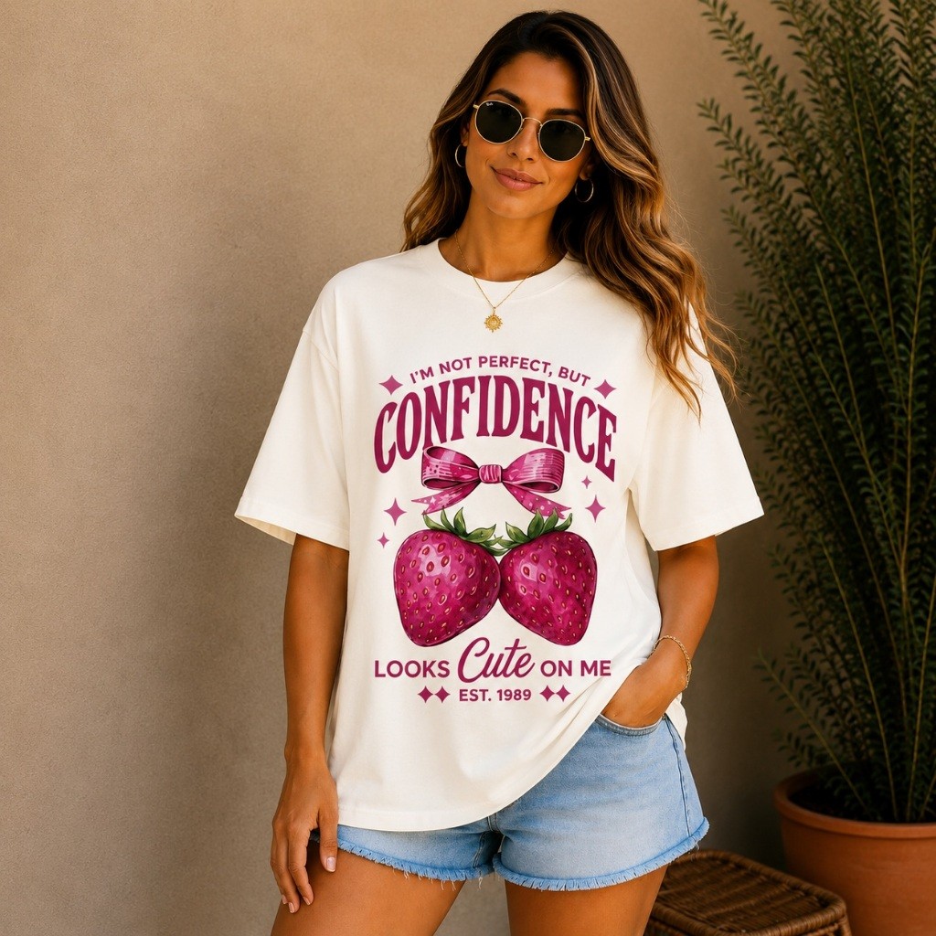 camiseta feminina adulta plus estilosa confidence cute morango moderna versatil tendencia chic confortavel casual fofa
