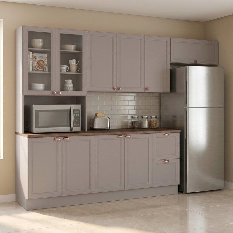 Cozinha Completa Modulada Americana 4 Peças com Paneleiro Torre Quente e Balcão com Tampo Unna Yesca Gris