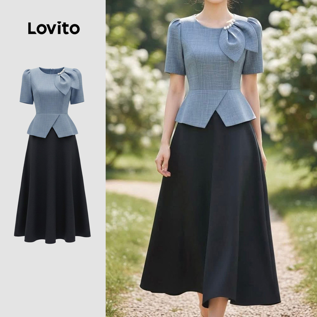 (New Arrival) Lovito Vestido Elegante Bicolor de Dupla Camada Primavera/verão fe