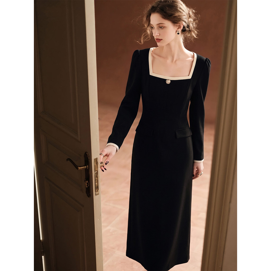 Preto quadrado pescoço vestido de manga comprida feminino 2026 outono novo estilo estilo francês intelectual elegante ve