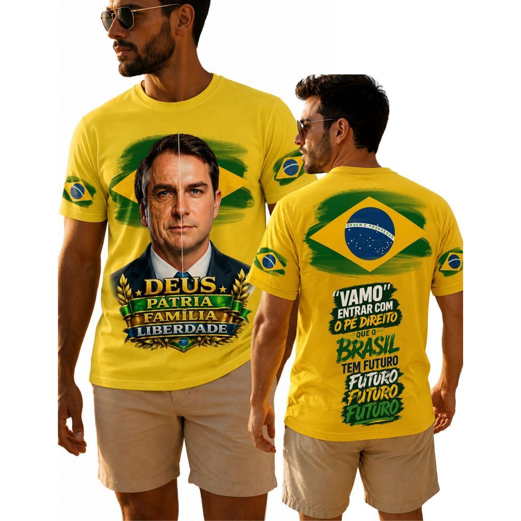 Camisa Flávio Bolsonaro Brasil Amarela – Deus, Pátria, Família & Liberdade - 100% Algodão Envio Rápido