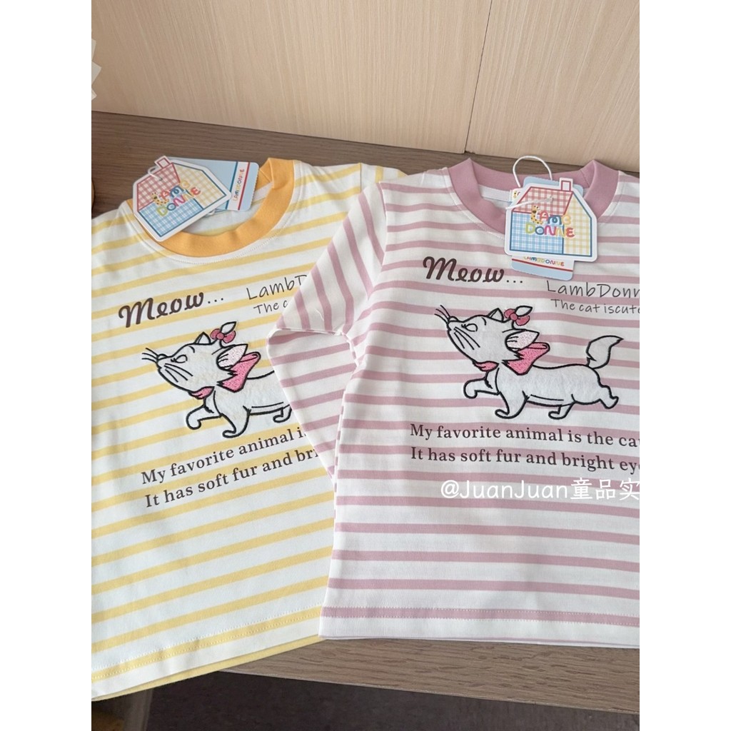 Japonês bonito gato bordado dos desenhos animados de manga comprida camiseta crianças algodão listrado moletom meninas b