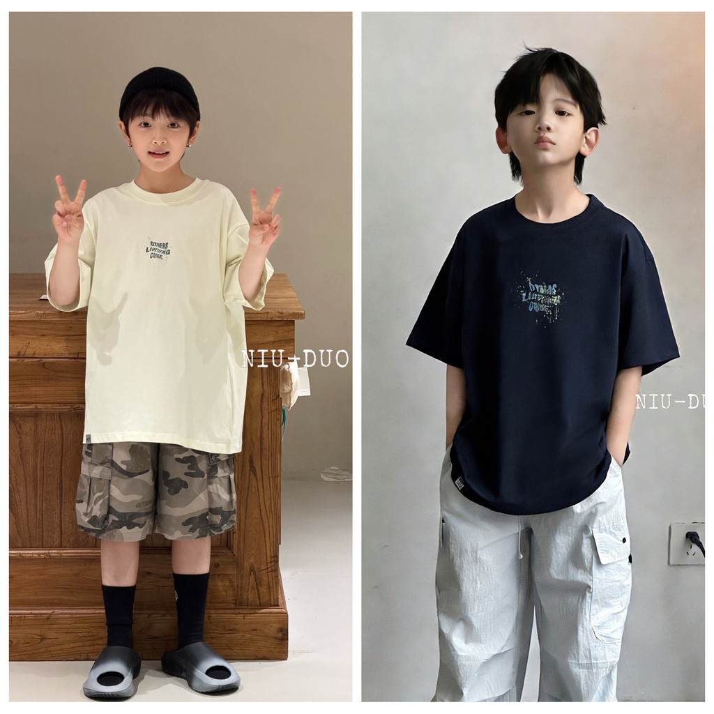 Niu Duoduo 2026 Verão Novo Estilo Meninos Meninas Puro Algodão Camisetas de Manga Curta Médio Grande Crianças Crianças R