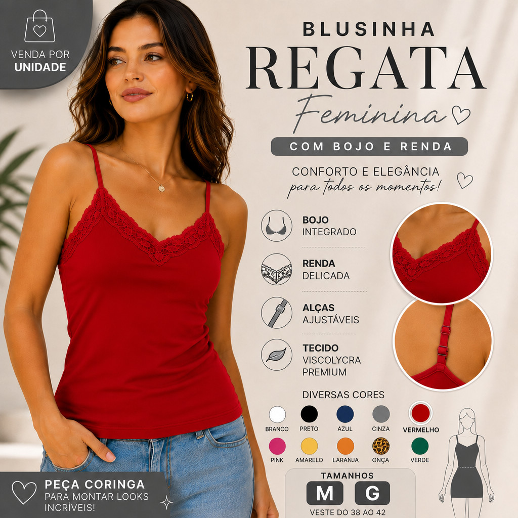 Regata Feminina Com Bojo E Renda Alça Fina Charmosa Delicada