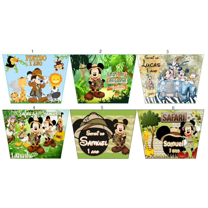 Adesivo Personalizado para Baldinho de Pipoca Mickey Safari 13,8x10cm Papel Fotográfico Brilho