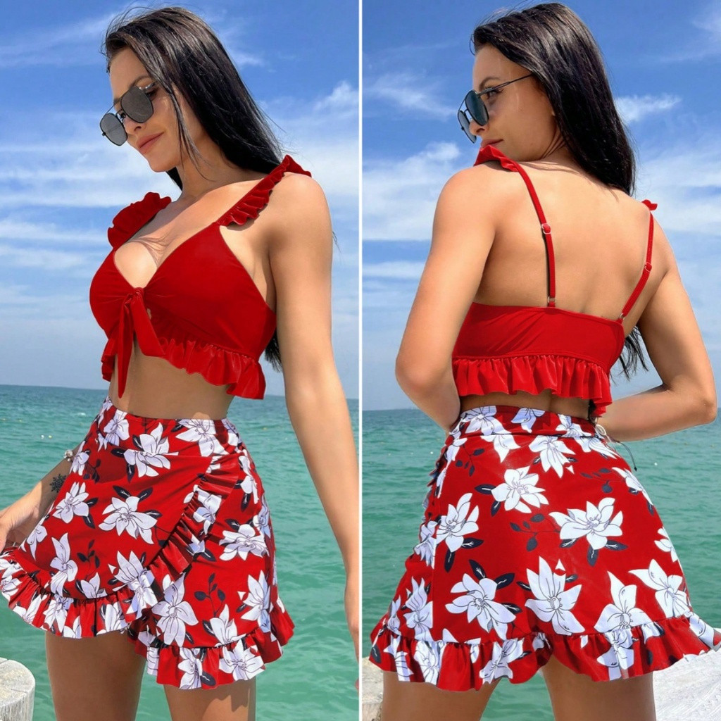 Conjunto de Biquíni Feminino de 3 Peças com Estampa Floral Azul, Babados e Saia Floral VFTP JYS8