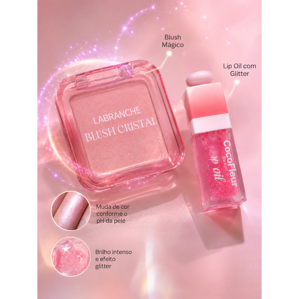 Kit Maquiagem 2 em 1 Batom Balm Hidratante ou Lip Oil Glitter Muda de Cor +Blush Transparente Efeito Magico Glow Natural