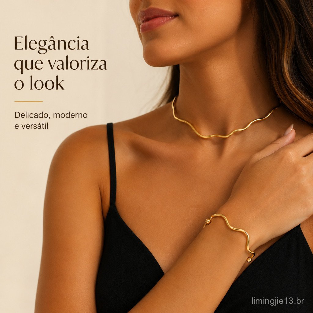 Choker e Pulseira Aro Ondulado – Folheado Dourado – Feminino Ajustável e antialérgico