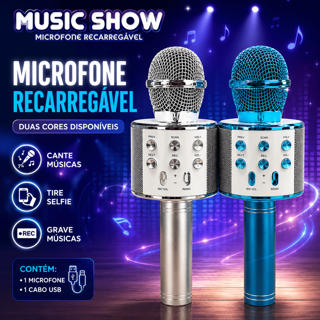 Microfone Infantil  Karaokê Bluetooth Recarregável com Gravação Selfie Portátil USB Prata e Azul