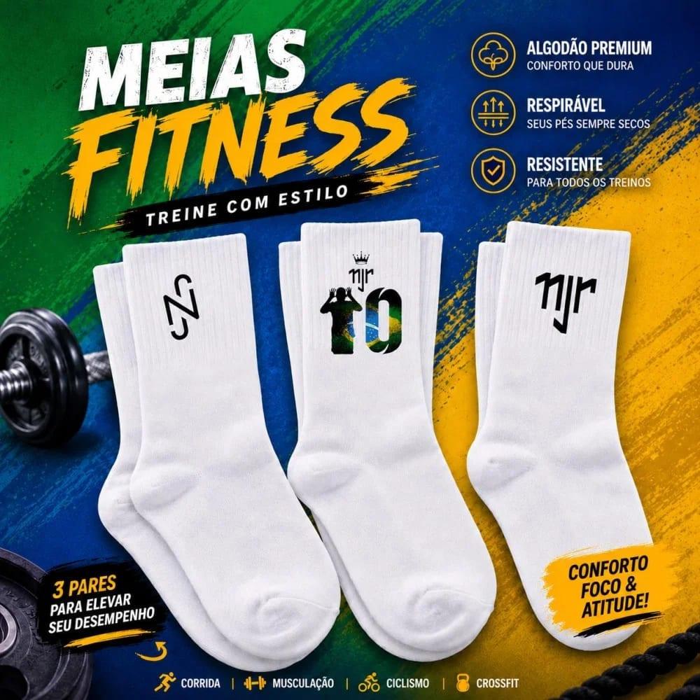 Meias Masculinas Fitness Cano Médio Kit 3 Pares Algodão Premium Brancas