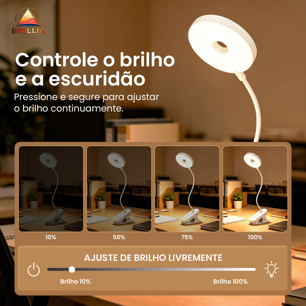Luminária de Mesa LED com Presilha USB Recarregável Touch 3 Cores Dimerizável Flexível para Leitura