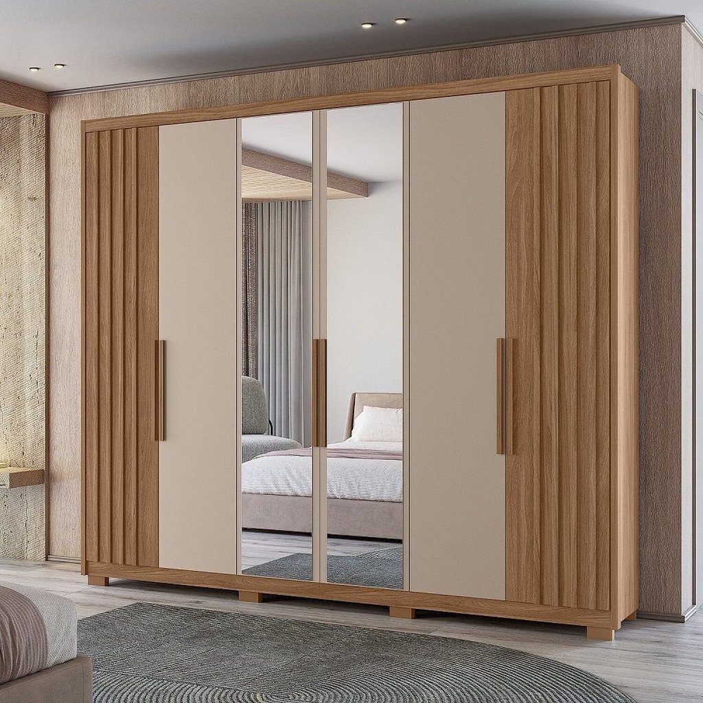 Guarda Roupa Casal 6 Portas 4 Gavetas com Espelho e Pés Araguaia Marrom/Carvalho/Fendi Carvalho/Fendi