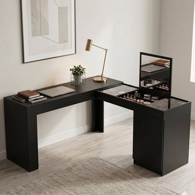 Escrivaninha Mesa Escritório Penteadeira de Canto com Espelho Star 1 Porta 136cm Preto Preto