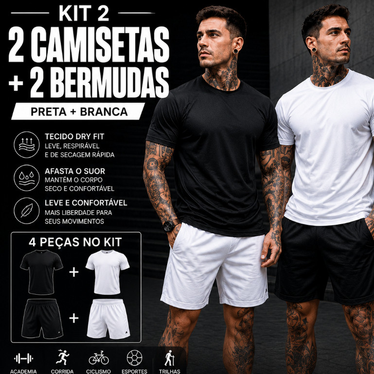 Kit 2 Camiseta + 2 Bermuda Masculina Dry Fit / Shorts Masculina Academia - Conjunto Lançamento