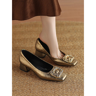 G Great Wear Sapatos únicos franceses femininos boca rasa fivela quadrada strass salto médio salto grosso couro genuíno 