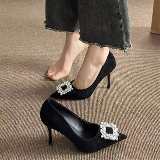 Novo estilo preto feminino verão salto alto strass 9cm primavera camurça Stiletto sapatos pequenos boca rasa fivela quad