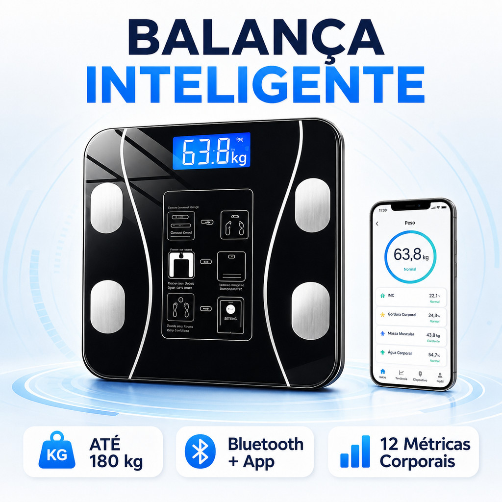 Balança Digital Corporal Inteligente 180kg Bluetooth com App 12 Métricas Alta Precisão Fitness