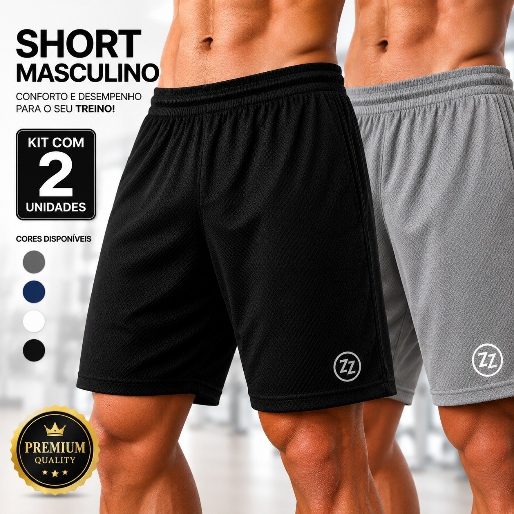 Kit 2 Shorts Masculino Esportivo Academia Dry Fit Poliéster Elastano Treino Corrida Confortável