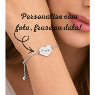 Pulseira Feminina  Coração Prata Ajustável  Personalizada a Laser com Nome, Frase, Foto, Simbolo ou Data/ Presente 💎✨