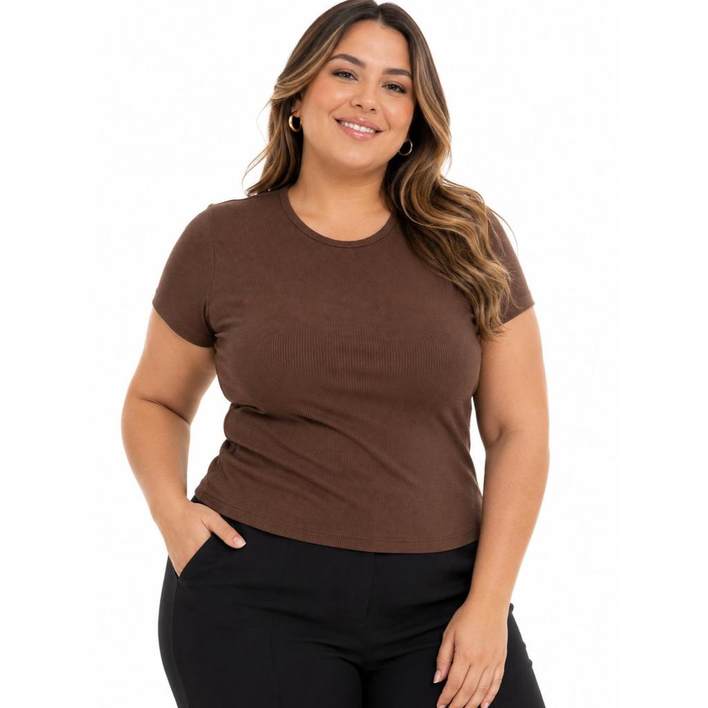Blusa Feminina Tee Plus Size Elegante Canelada Baby Look Básica Estilosa Confortável Tecido Qualidade Premium do P ao G3
