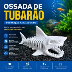 Esqueleto tubarão estatua branca pequena decorar fundo aquario terrario rustico aquarismo