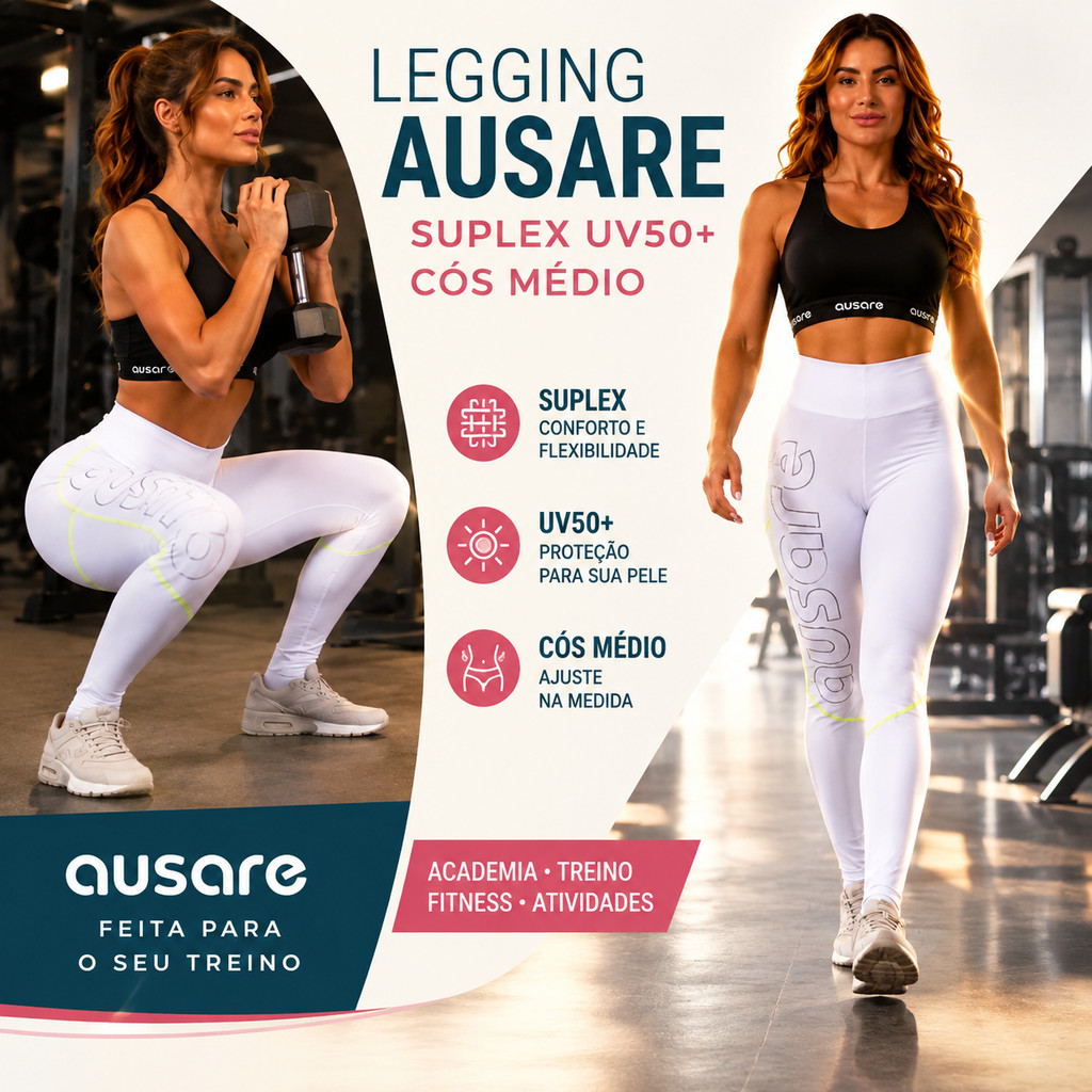 Calça Legging Feminina Ausare Suplex UV50 Cós Médio Academia Treino Fitness Caminhada Corrida Yoga Pilates Esporte Dança