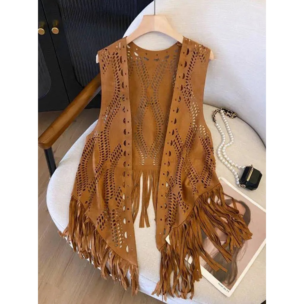 Ocidental Denim estilo errante Retro camurça borla oco fino colete Xinjiang viagem exterior pequeno colete feminino