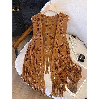 Ocidental Denim estilo errante Retro camurça borla oco fino colete Xinjiang viagem exterior pequeno colete feminino