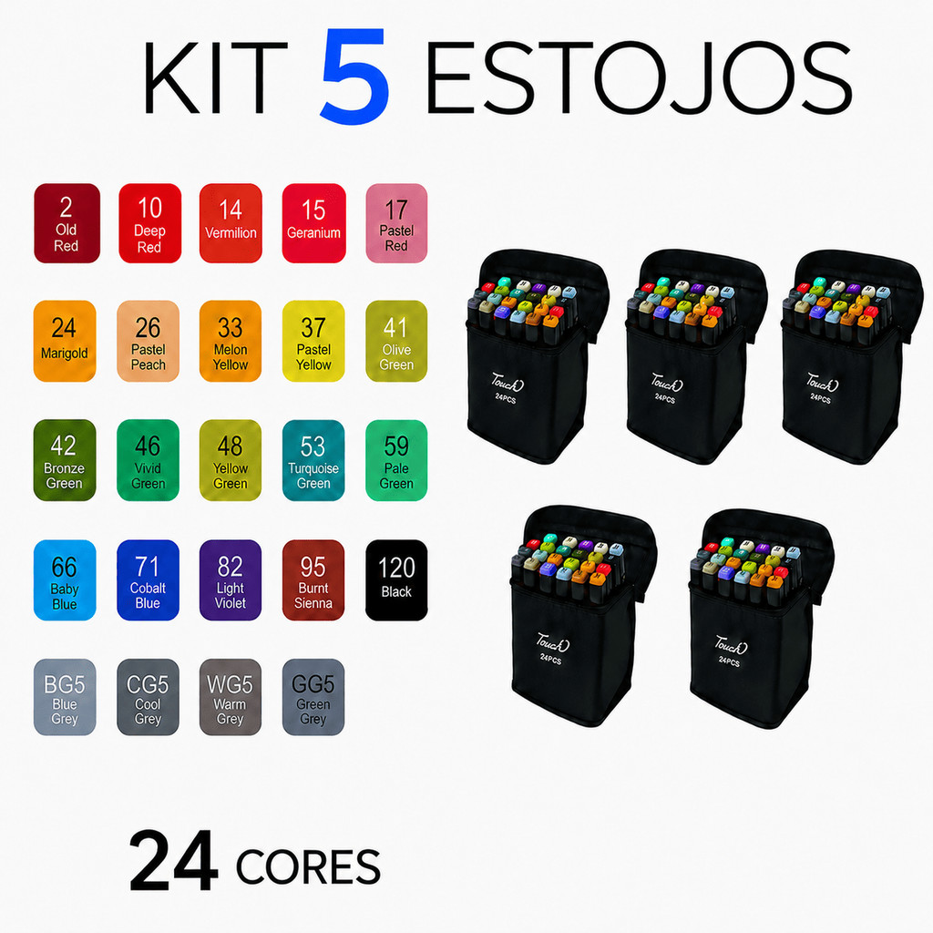 Kit 5 Estojos 24 Cores Canetinhas Ponta Dupla 120 Canetas Marcadoras Para Colorir Desenho Lembrancinha Escolar