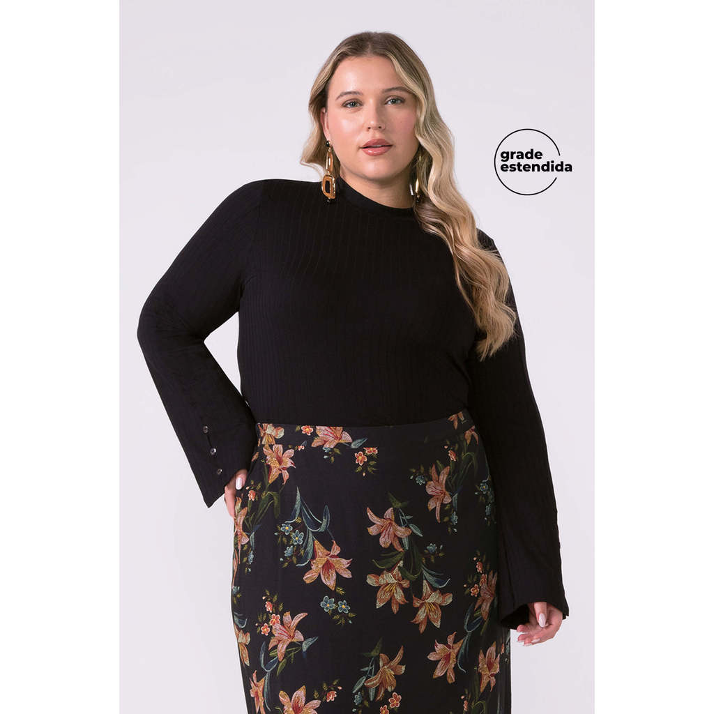 Blusa Feminina Canelada Manga Flare Marialícia Preto