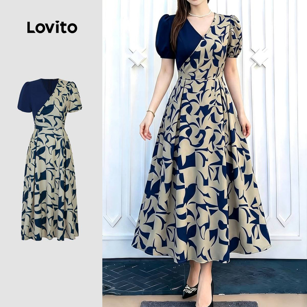 Lovito Vestido Casual com Padrão Color Block Primavera/verão Azul Escuro para mulheres L198ED364