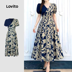 Lovito Vestido Casual com Padrão Color Block Primavera/verão Azul Escuro para mulheres L198ED364