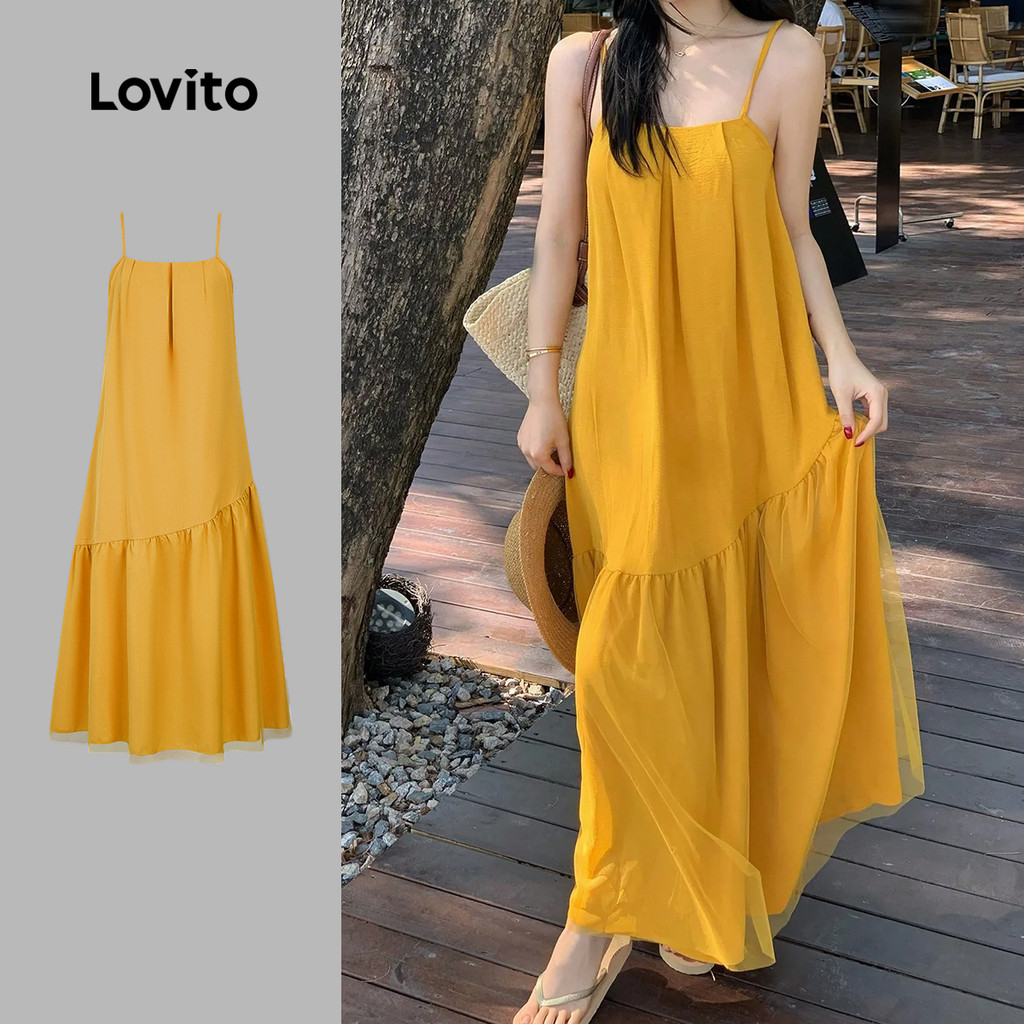Lovito Vestido Boho com Babados Duplos Costa Aberta Primavera/verão Amarelo para Mulheres L198ED142