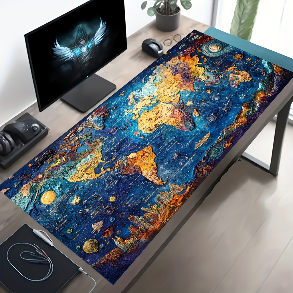 Mouse Pad Gamer Longo Mapa do Mundo Estilo Galáxia, Mouse Pad Antiderrapante para Teclado e Mouse Setup PC