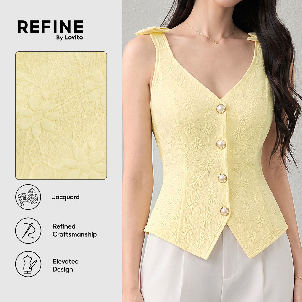 (Refine by Lovito) Top Casual Jacquard com Laço e Recorte Frontal Primavera/verão Amarelo para mulheres Trabalho LR35E022