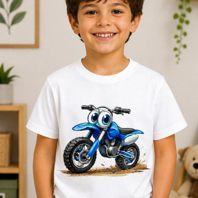 Camiseta Infantil Moto Divertida em Algodão | Estampa Moto Azul | Meninos | Tamanhos 2 ao 14 Anos
