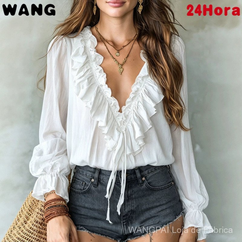 Camisa feminina de corte solto, cor sólida, com decote em V, mangas compridas e acabamento com babados.