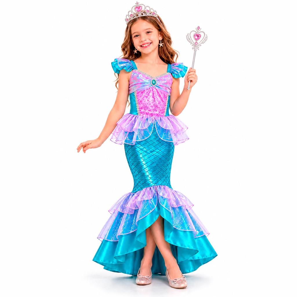 Fantasia Sereia Infantil Vestido de Luxo com Cauda Coroa e Varinha pra Menina