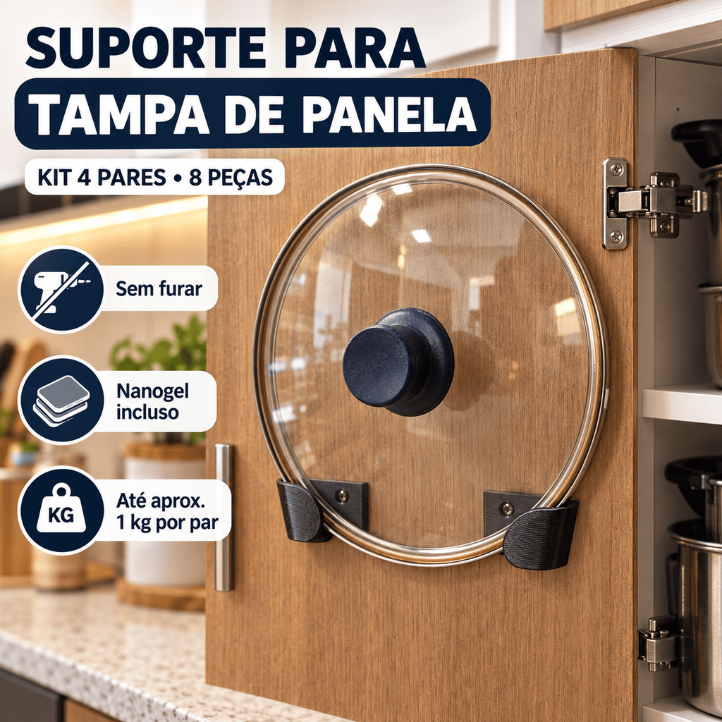 Suporte Tampa de Panela Adesivo para Armário Sem Furo Organizador Kit 4 Pares 8 Peças