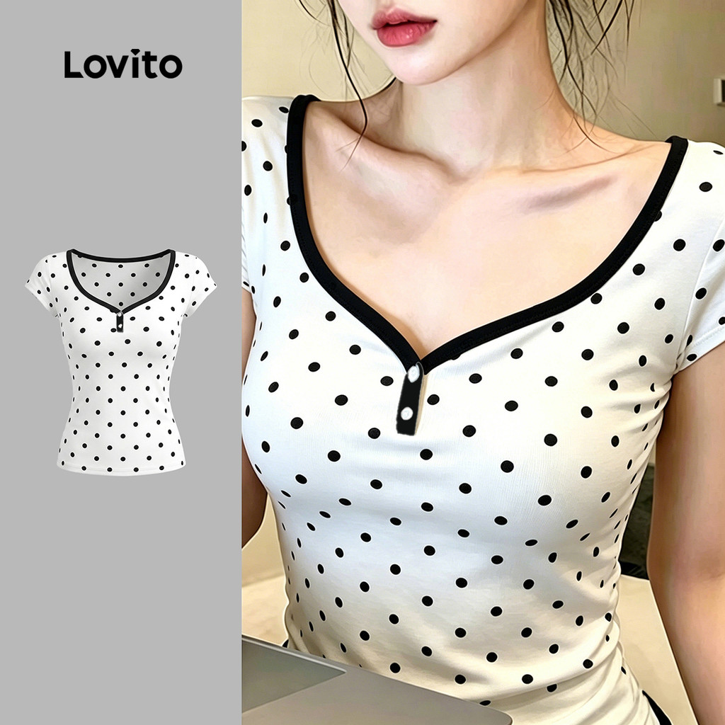 Lovito Camiseta Casual com Gola em Contraste Primavera/verão Preto e Branco para Mulheres TSK8P2D786