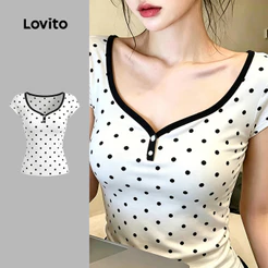 Lovito Camiseta Casual com Gola em Contraste Primavera/verão Preto e Branco para Mulheres TSK8P2D786