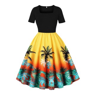 Retro quadrado pescoço de manga curta grande balanço vestido feminino estilo férias vestido de baile vestido de festa re