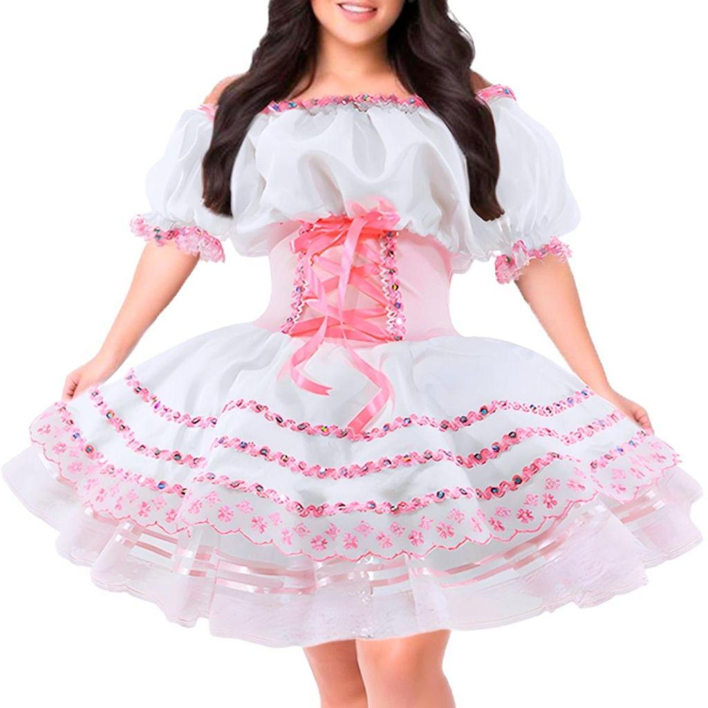 Vestido Plus Size Noiva de Festa Junina Caipira Feminina de Luxo Com Espartilho Ajustável Tiara e Véu
