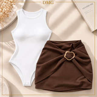 Conjunto Feminino Body Regata Short Saia Fivela Dourada Look Casual Moderno