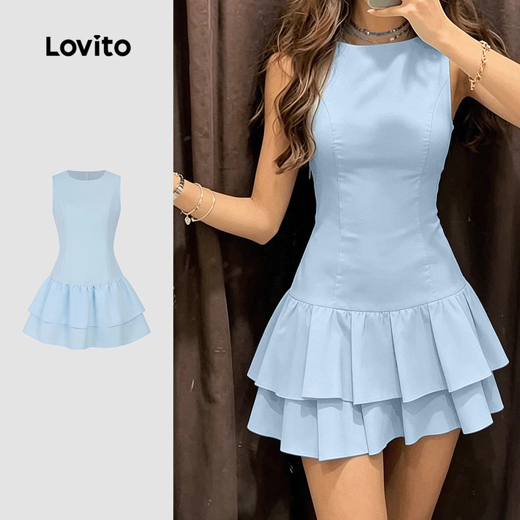 (New Arrival) Lovito Vestido Azul de Primavera/verão para Mulheres Bainha com Babados Plissado Drapeado L198ED204 — imagem 1