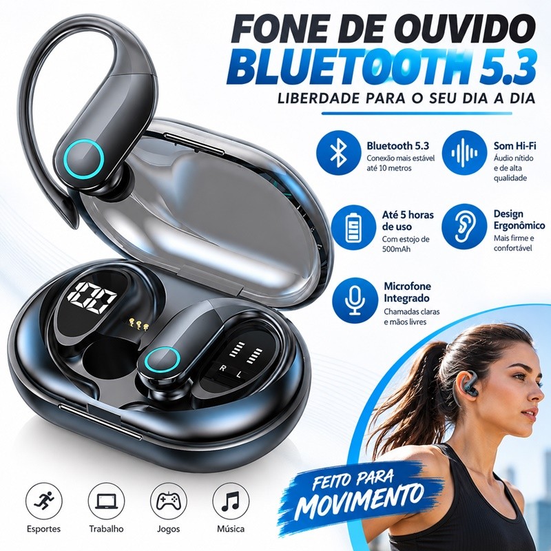 Fone Bluetooth 5.4 TWS Esportivo com Display LED - Som de Alta Fidelidade, Baixo Profundo e Cancelamento Voltik