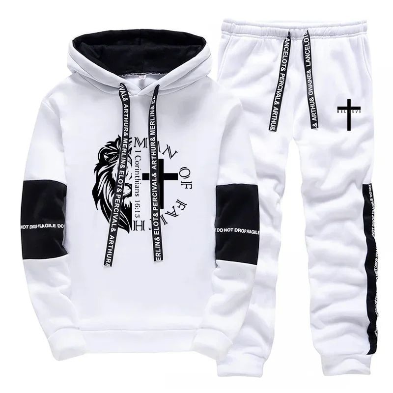 2026 Nova Chegada Masculina Design Cristão Moletom 2 Pçs Conjunto Outono Inverno Urbano Casual Esportivo Moda Com Capuz 