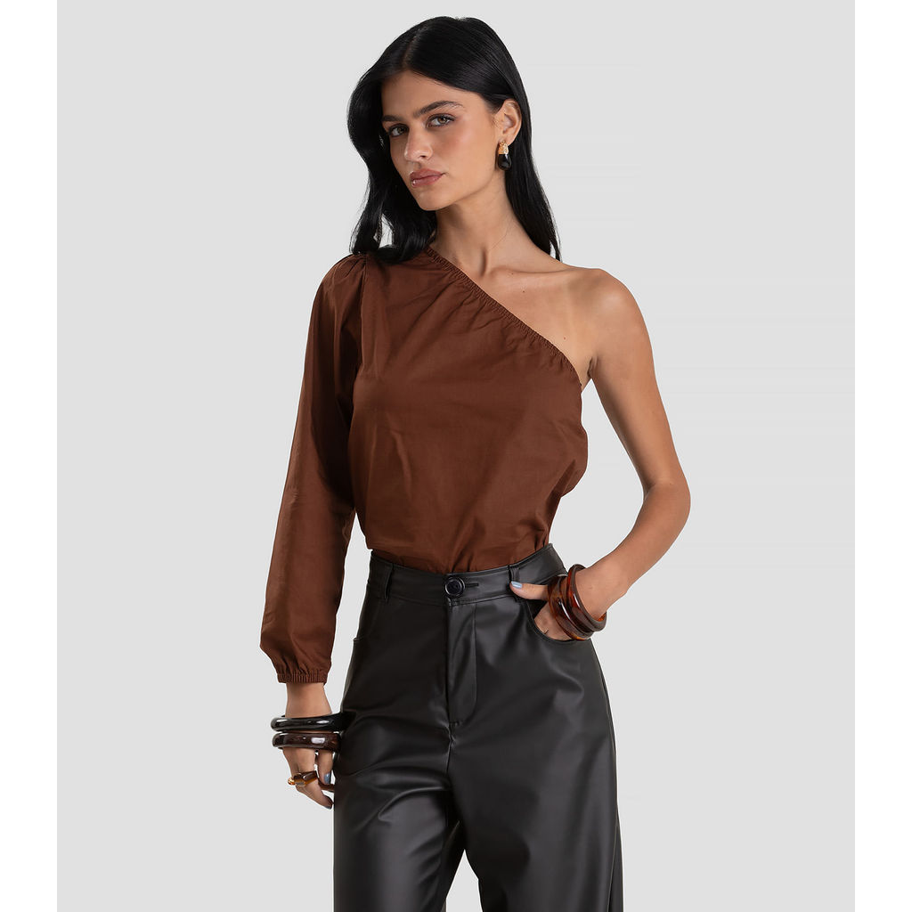 Blusa Feminina Manga Única em Tricoline Dianna Marrom